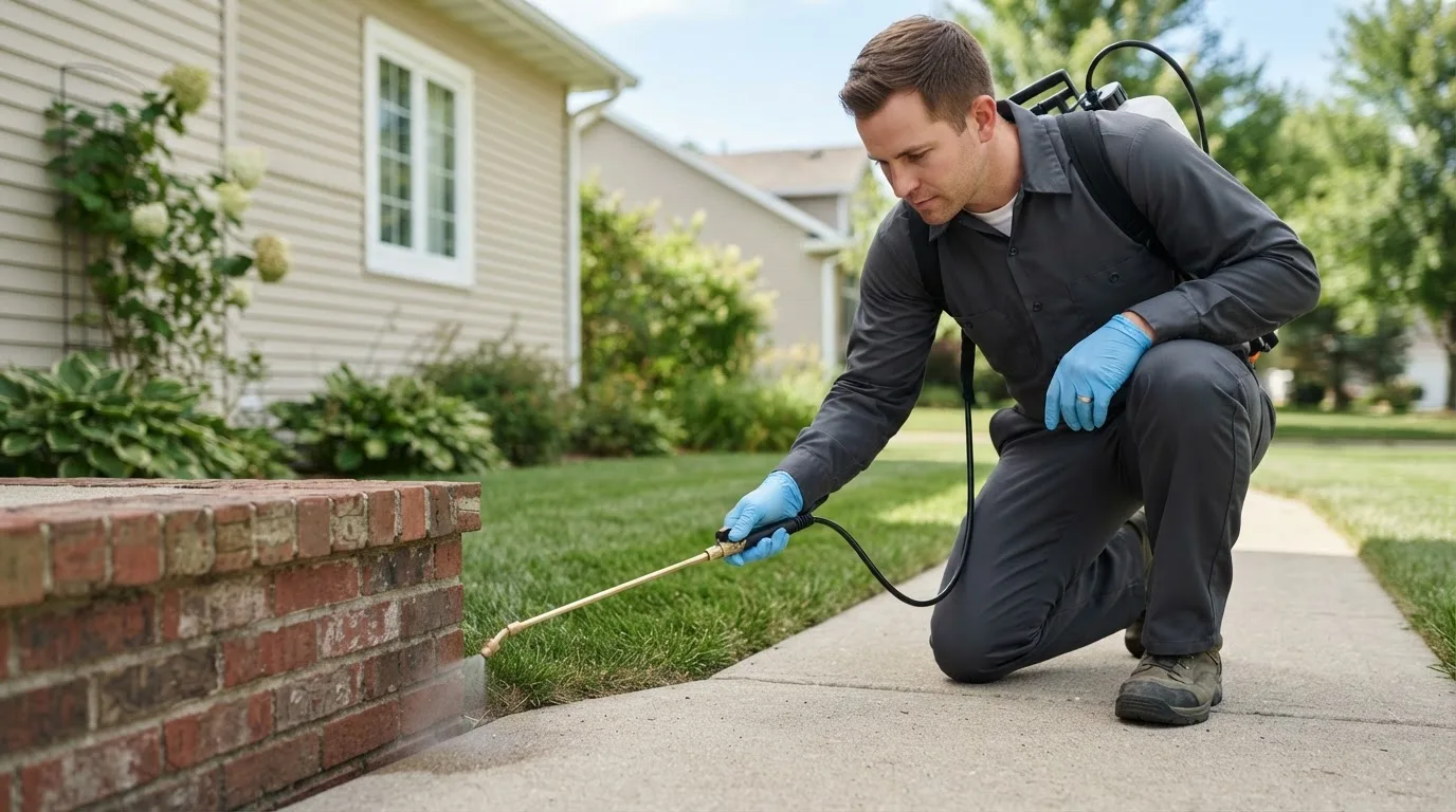 Pest control technician treating a home near Albemarle, NC