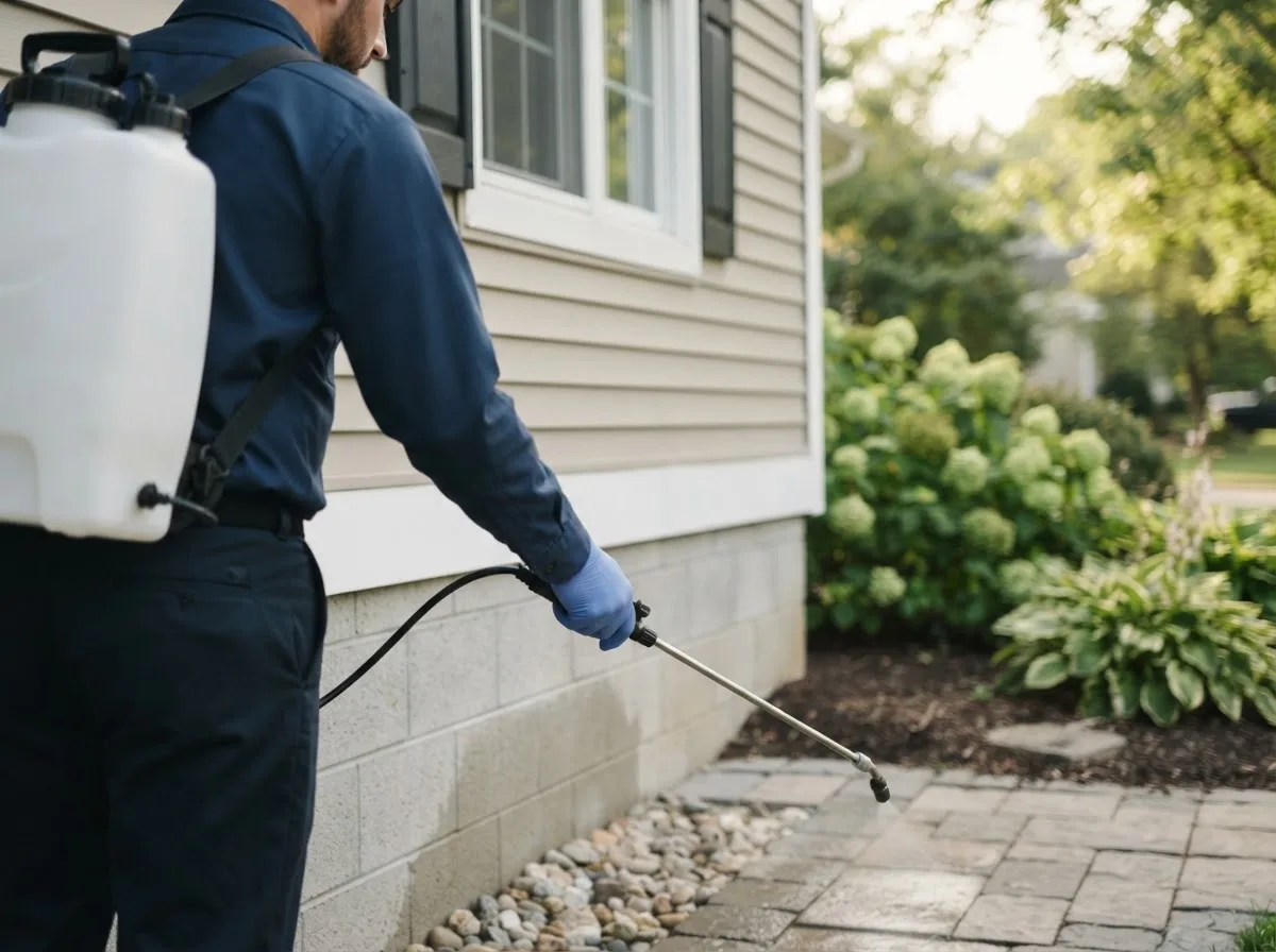 Pest control technician inspecting a home in Albemarle, NC